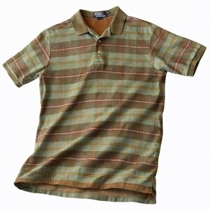 VTG Ralph Lauren Polo Shirt Madras Plaid 
 Mens Medium Olive Cotton Textured USA
